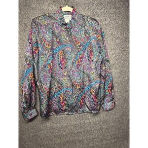 Vintage Notations Blouse Womens 14 Multicolor Paisley Print Button Front 80s